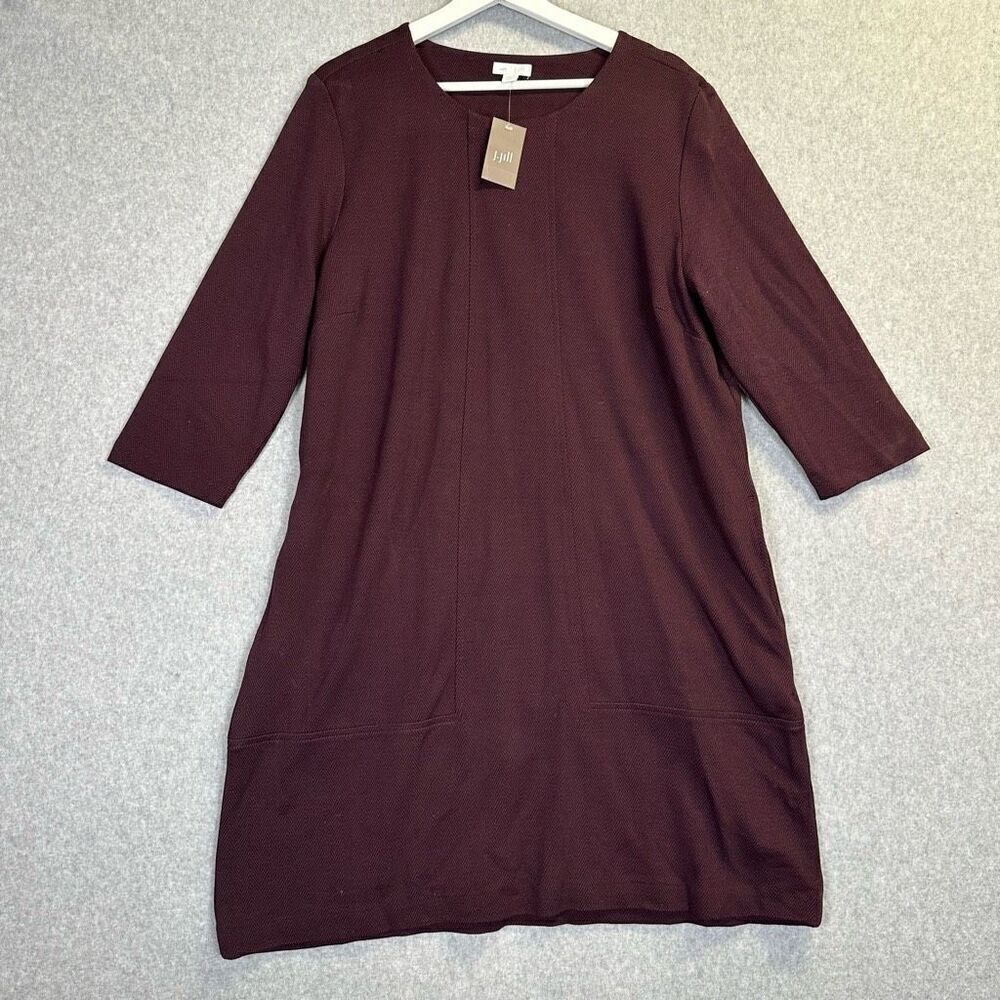 J Jill Womens Petite Large Ponte Shift Dress Burgundy Black Chevron Print NWT